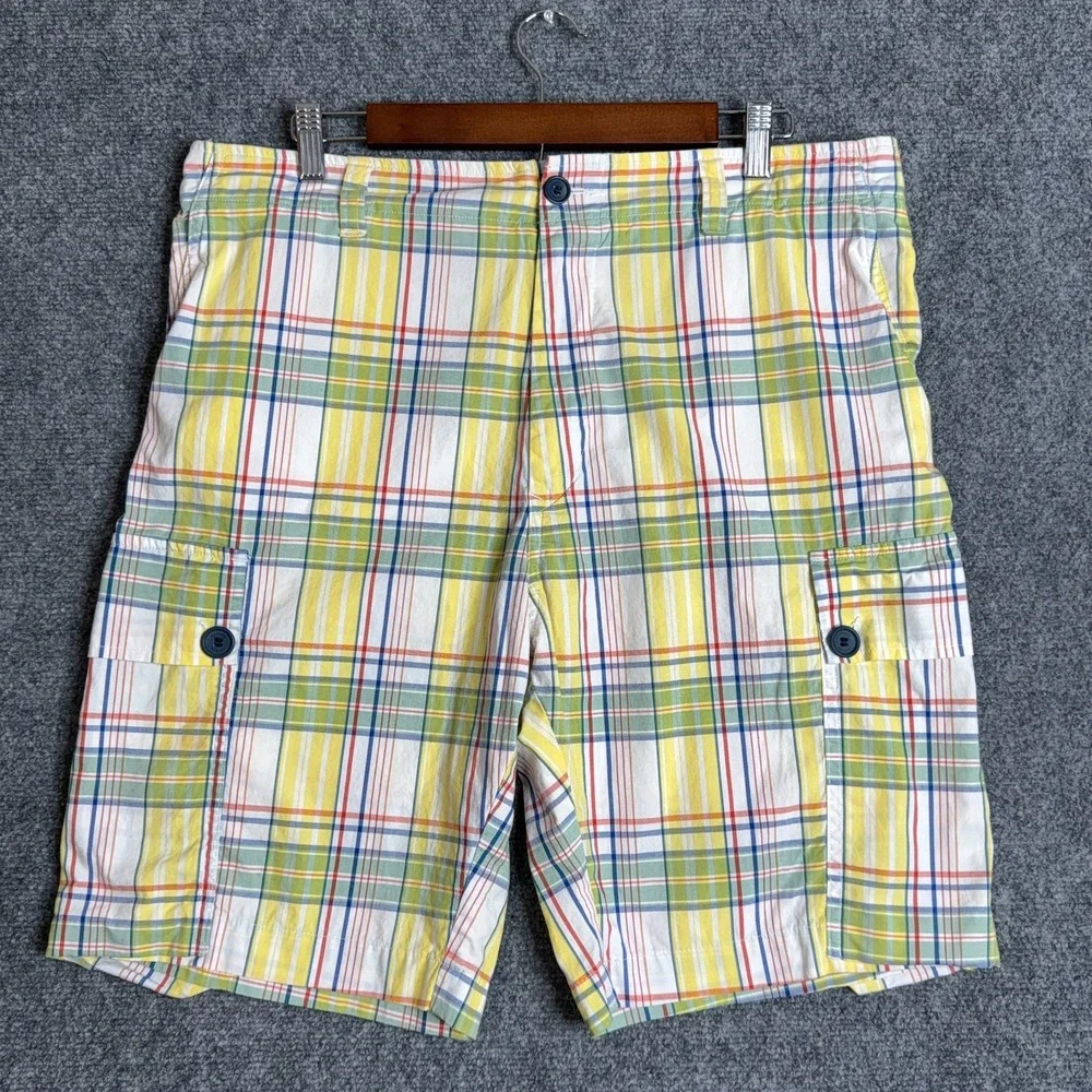 Lacoste Cargo Shorts Men's Size 38 Yellow Plaid Check Hiking Summer Golf Casual